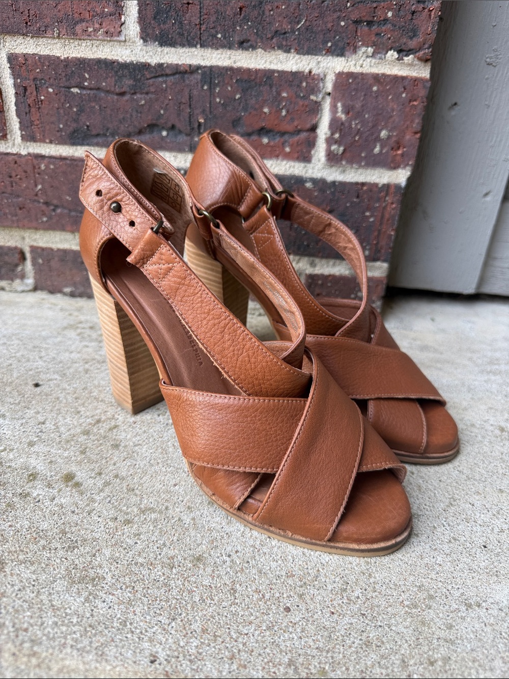 Anthro Schuler & Sons Philadelphia Cognac Leather Cross‑Strap Block Heel Sandals